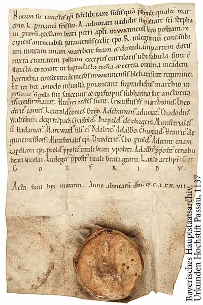 Der Mauterner Tauschvertrag aus dem Jahr 1137. Urkunde aus dem Bayerischen Hauptstaatsarchiv, Urkunden Hochstift Passau