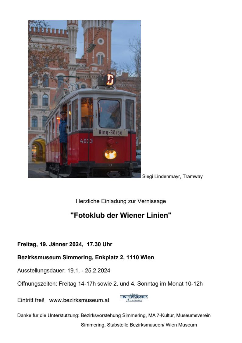 Einladung Vernissage Fotoklub Wiener Linien, Bezirksmuseum Simmering