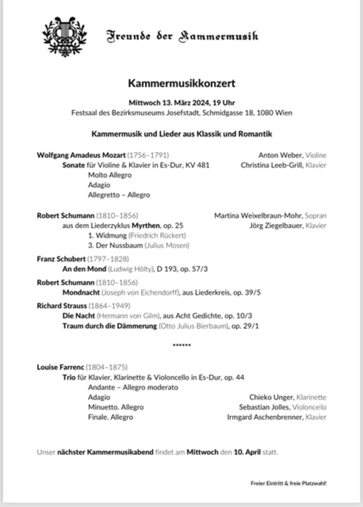 Programm Kammermusik März 2024