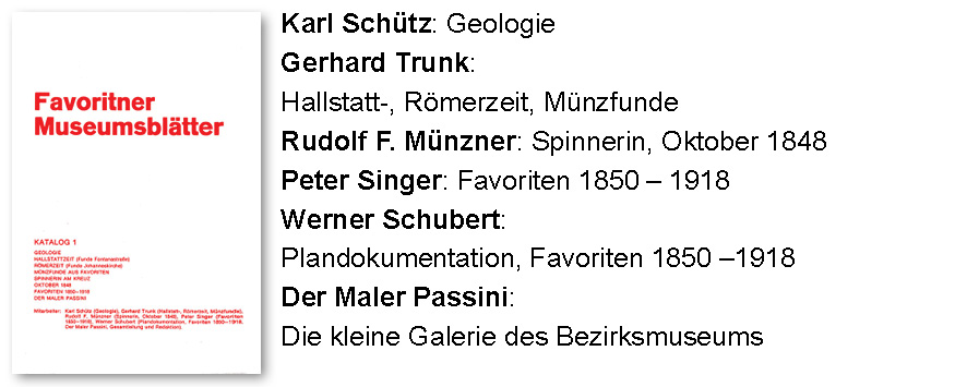 
Karl Schütz: Geologie
Gerhard Trunk: Hallstatt-, Römerzeit, Münzfunde
Rudolf F. Münzner: Spinnerin, Oktober 1848
Peter Singer: Favoriten 1850 – 1918
Werner Schubert: Plandokumentation, Favoriten 1850 –1918, Der Maler Passini: Die kleine Galerie des Bezirksmuseums
