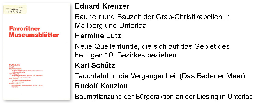 Eduard Kreuzer: Bauherr und Bauzeit der Grab-Christikapellen in Mailberg und Unterlaa
Hermine Lutz: Neue Quellenfunde, die sich auf das Gebiet des heutigen 10. Bezirkes beziehen
Karl Schütz: Tauchfahrt in die Vergangenheit (Das Badener Meer)
Rudolf Kanzian: Baumpflanzung der Bürgeraktion an der Liesing in Unterlaa