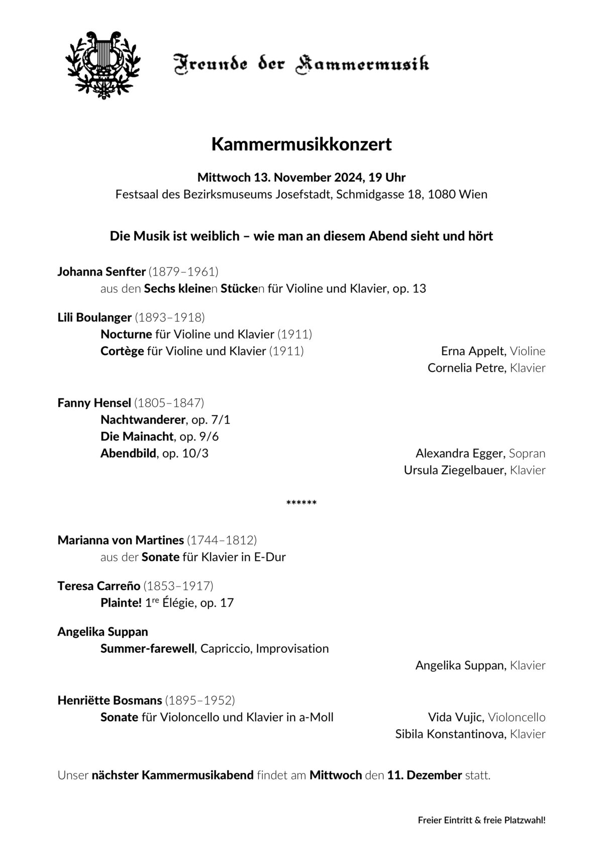 Veranstaltung: Freunde der Kammermusik, Bezirksmuseum Josefstadt, 2024