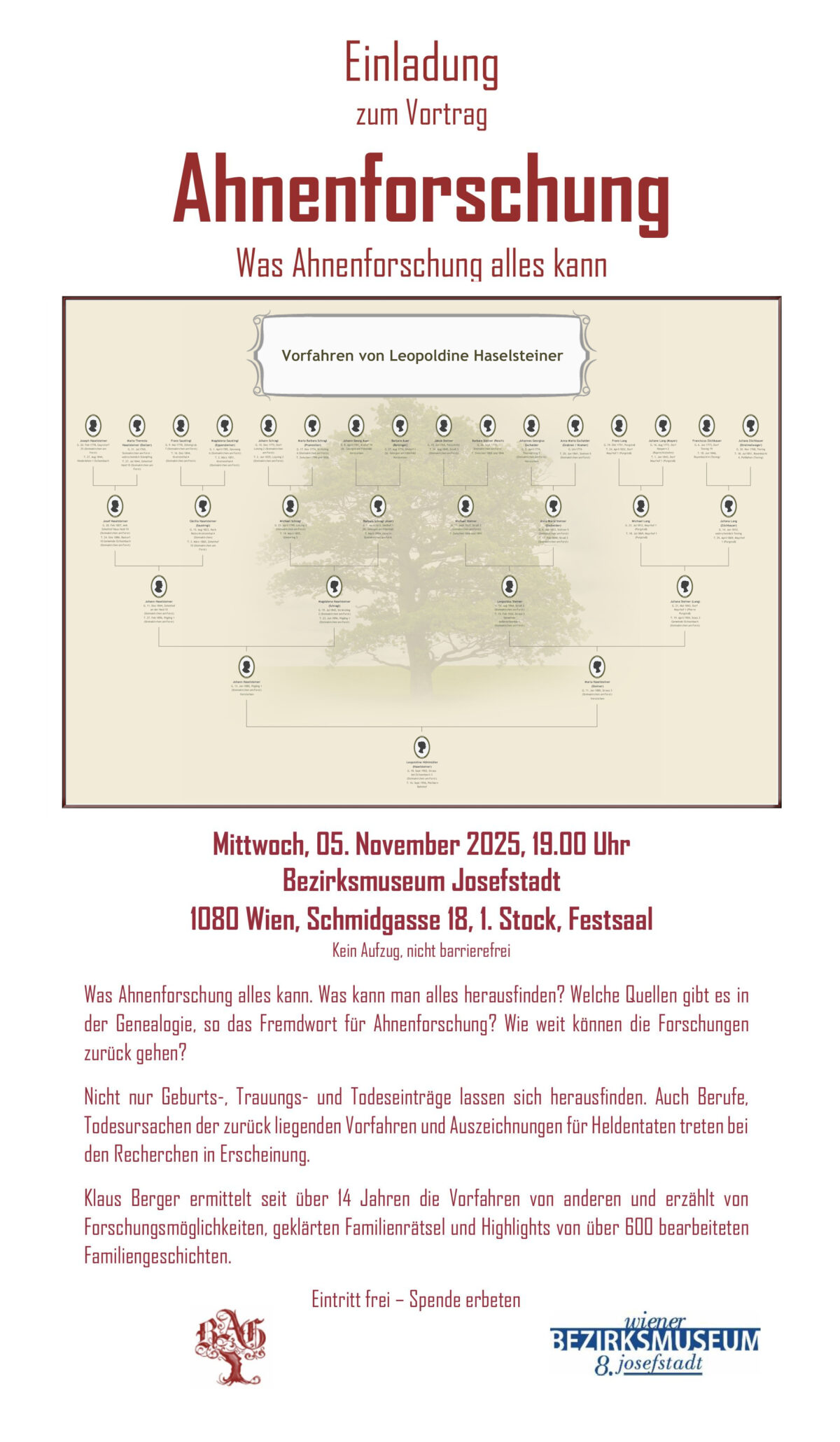 Veranstaltung: Ahnenforschung, Bezirksmuseum Josefstadt, 2025