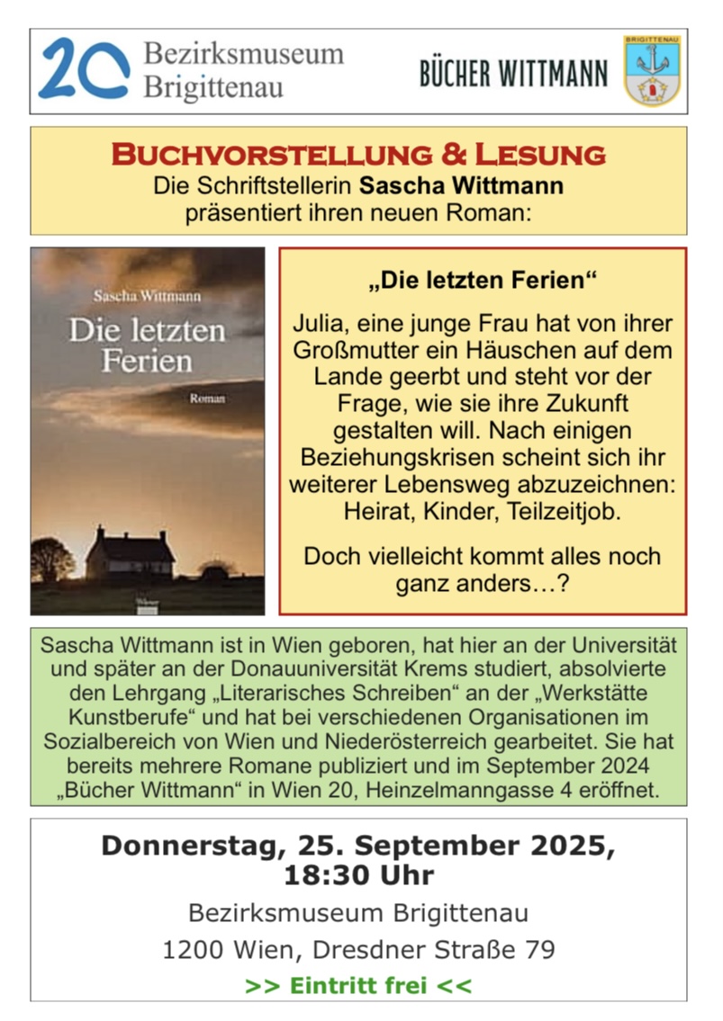 Veranstaltung: Buchpräsentation & Lesung, Sascha Wittmann, Die letzten Ferien, Bezirksmuseum Brigittenau, 2025