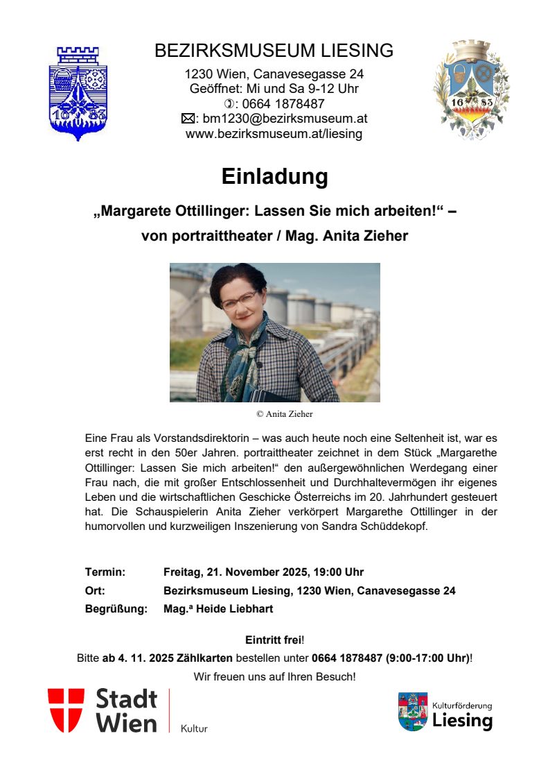 Veranstaltung: Theater, Margarete Ottillinger, Lassen Sie mich arbeiten!, Bezirksmuseum Liesing, 2025