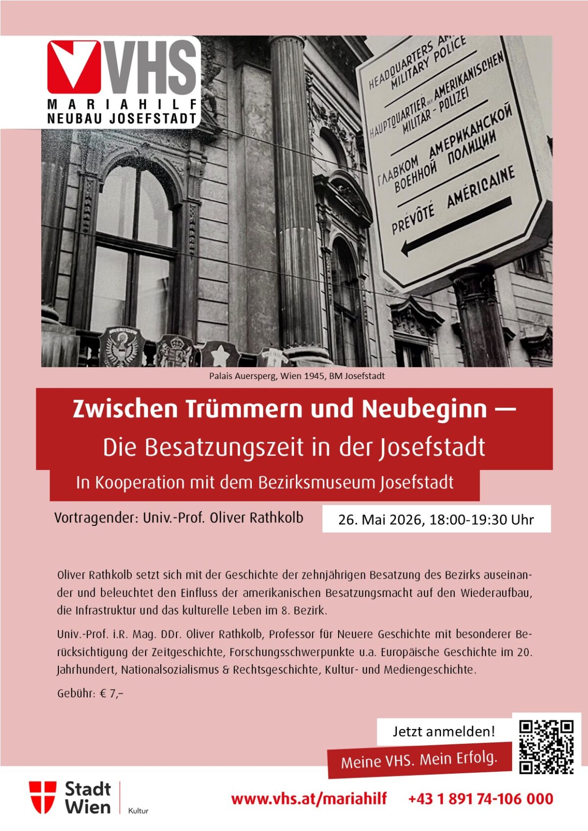 Veranstaltung, Vortrag Rathkolb, Zwischen Trümmern und Neubeginn - Ersatztermin, Bezirksmuseum Josefstadt, 2026
