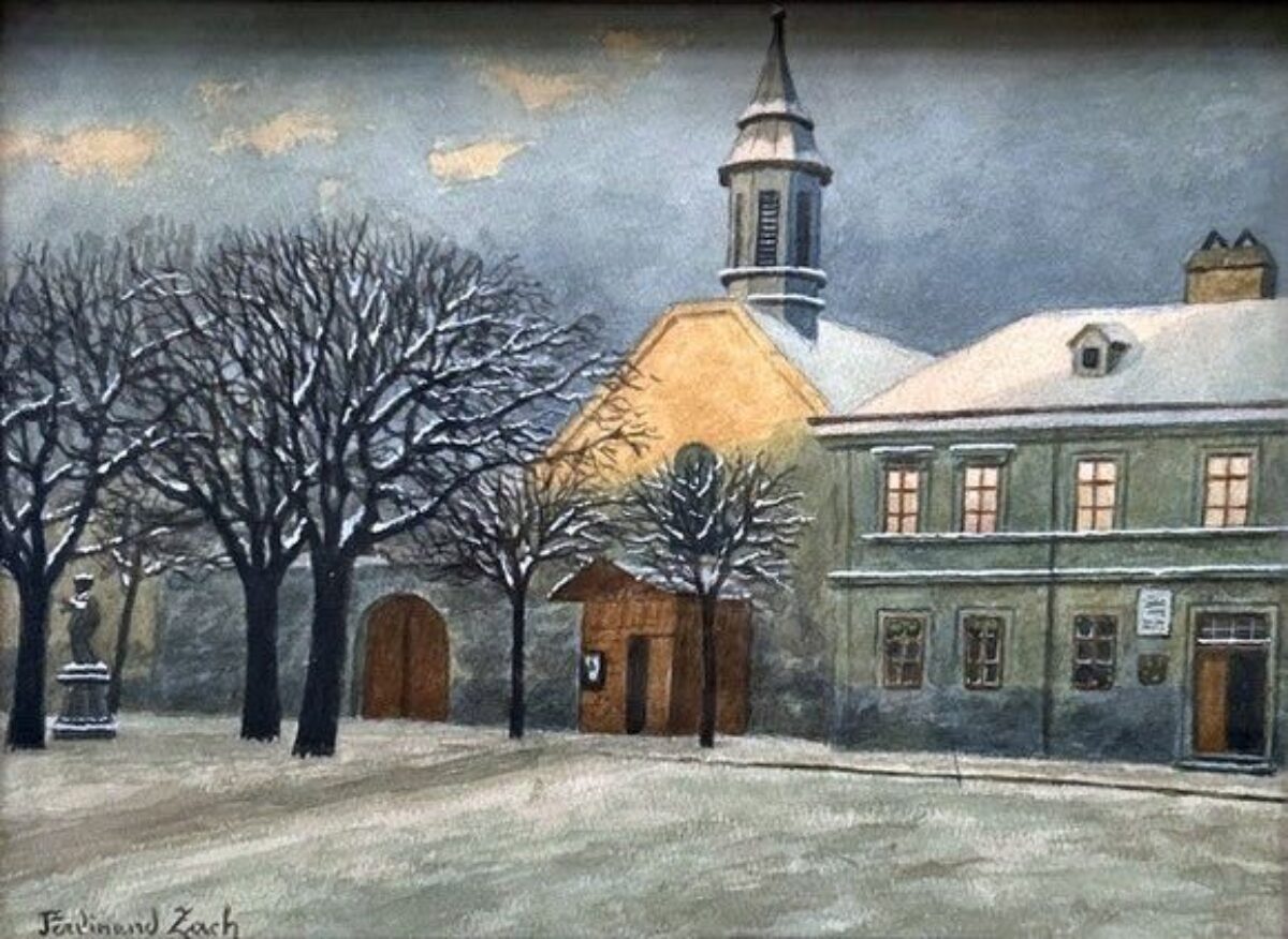 Sammlung: Ferdinand Zach, Pfarrplatz im Winter, Aquarell, um 1920, Bezirksmuseum Döbling