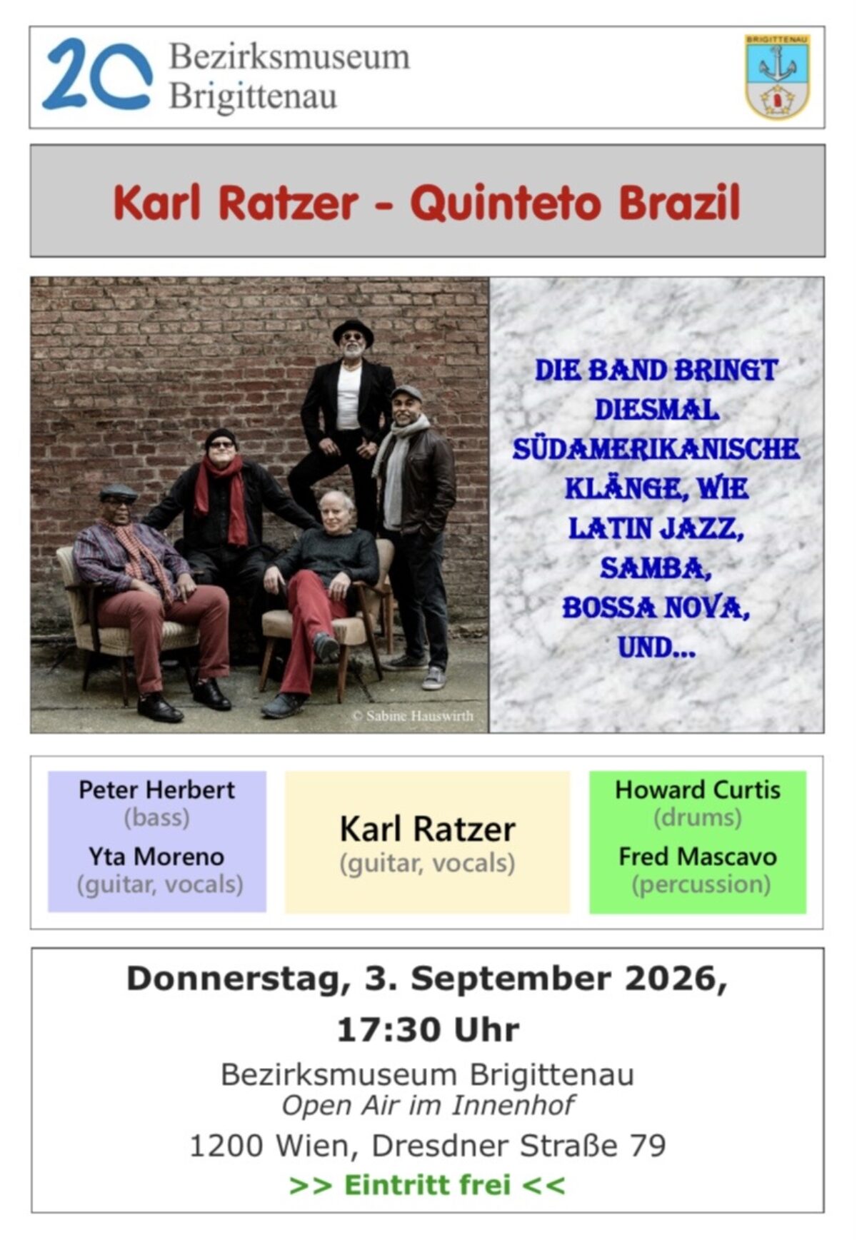 Veranstaltung; Konzert Karl Ratzer & Quinteto Brazil, Bezirksmuseum Brigittenau, 2026