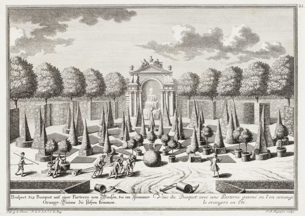 Salomon Kleiner (Zeichner), Franz Michael Regenfus (Regenfuß) (Kupferstecher), Johann Andreas d. Ä. Pfeffel (Verleger): "Prospect des Bosquet mit einer Parterre von Waasen, da im Sommer Orange-Bäume zu stehen kommen" (Palais Liechtenstein, um 1735–1737, © Wien Museum
