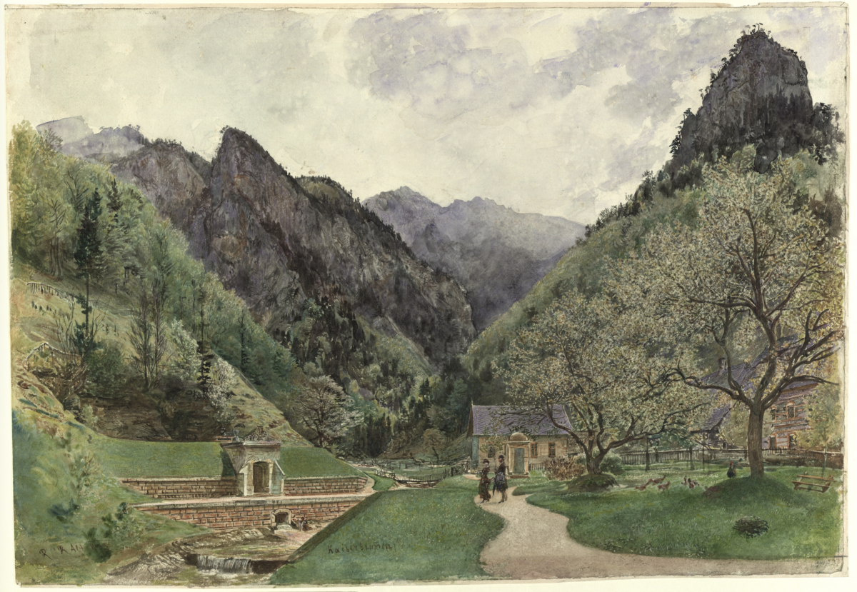 Veranstaltung: Besuch des Wasserleitungsmuseums und Wanderung im Höllental, 2026, Bezirksmuseum Mariahilf, Kaiserbrunnen im Höllental, Ansicht der Hochquellenwasserleitung, Rudolf von Alt, 1883, Wien Museum, Inv.Nr. 17939