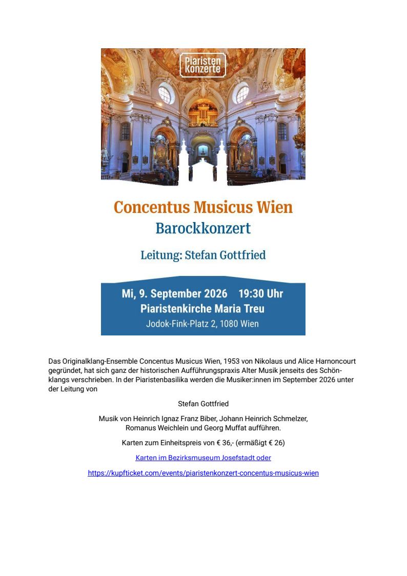 Veranstaltung: Konzert Concentus Musicus, Bezirksmuseum Josefstadt, 2026
