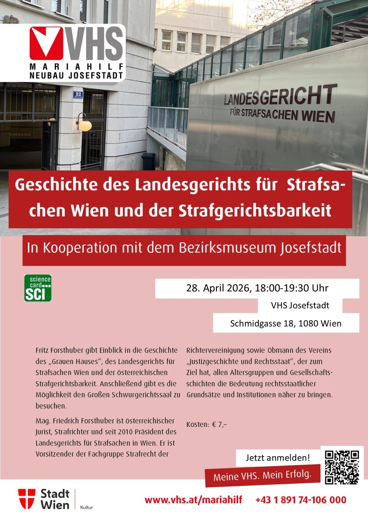 Veranstaltung: Vortrag, Geschichte des Landesgerichts für Strafsachen und der Strafgerichtsbarkeit, Forsthuber, Bezirksmuseum Josefstadt, 2026