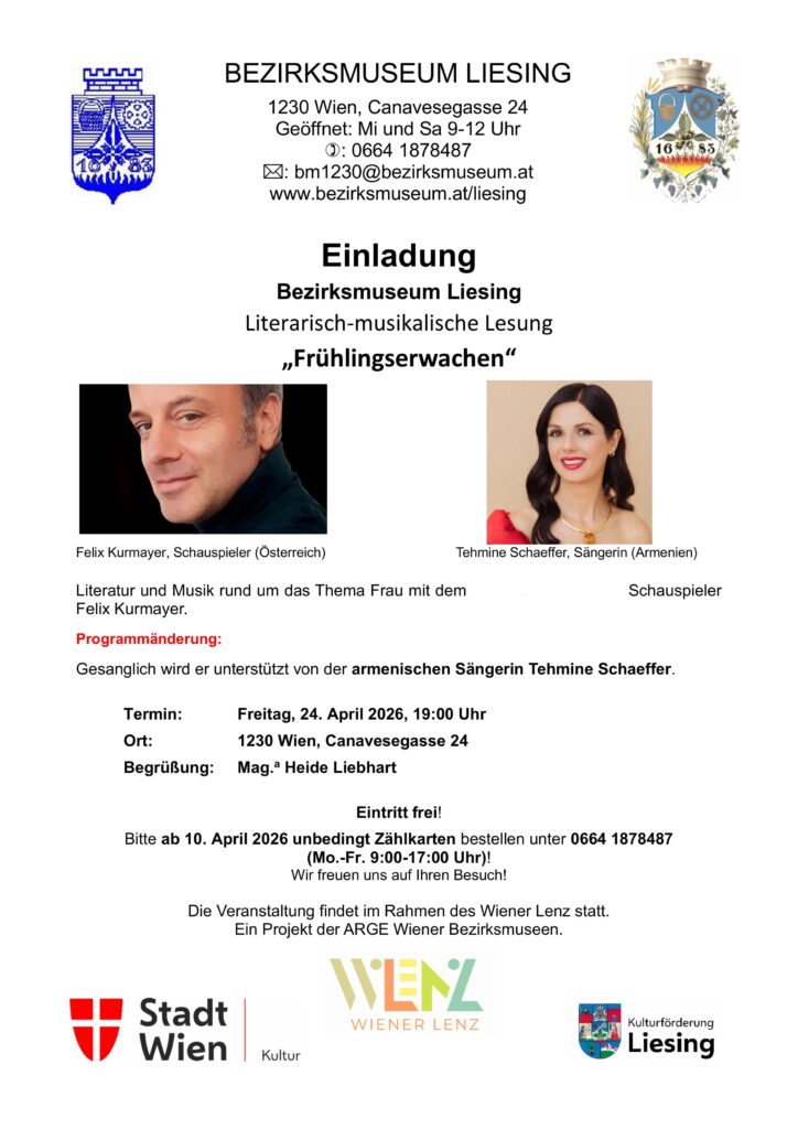 Veranstaltung: Lesung Frühlingserwachen, Kurmayer, Wiener Lenz, Bezirksmuseum Liesing, 2026
