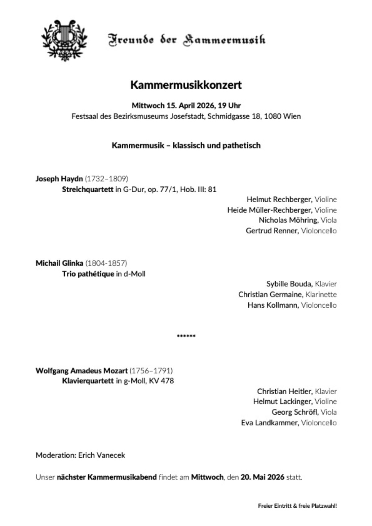Veranstaltung: Konzert Freunde der Kammermusik, Bezirksmuseum Josefstadt, 2026