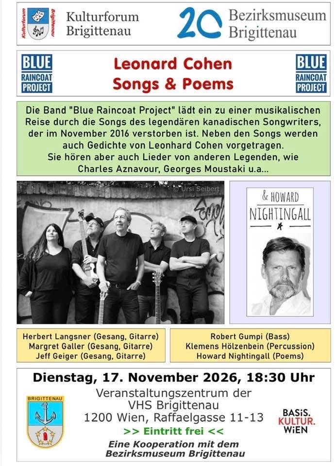 Veranstaltung: Leonard Cohen. Songs & Poems, Bezirksmuseum Brigittenau, 2026