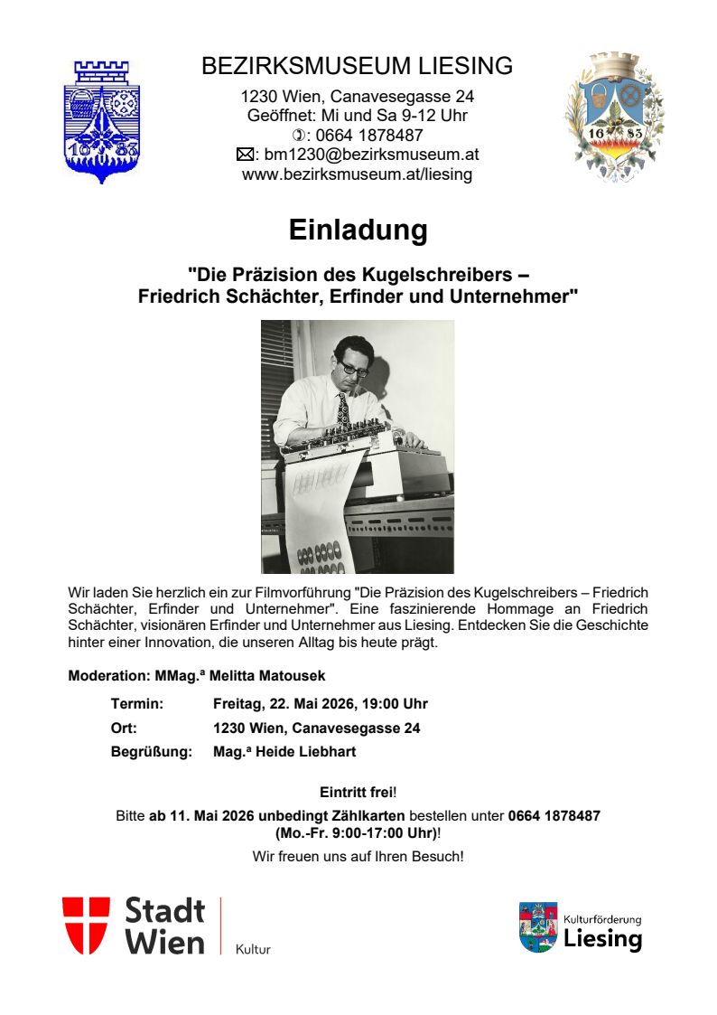 Veranstaltung: Filmvorführung Die Präzision des Kugelschreibers – 
Friedrich Schächter, Erfinder und Unternehmer, Bezirksmuseum Liesing, 2026