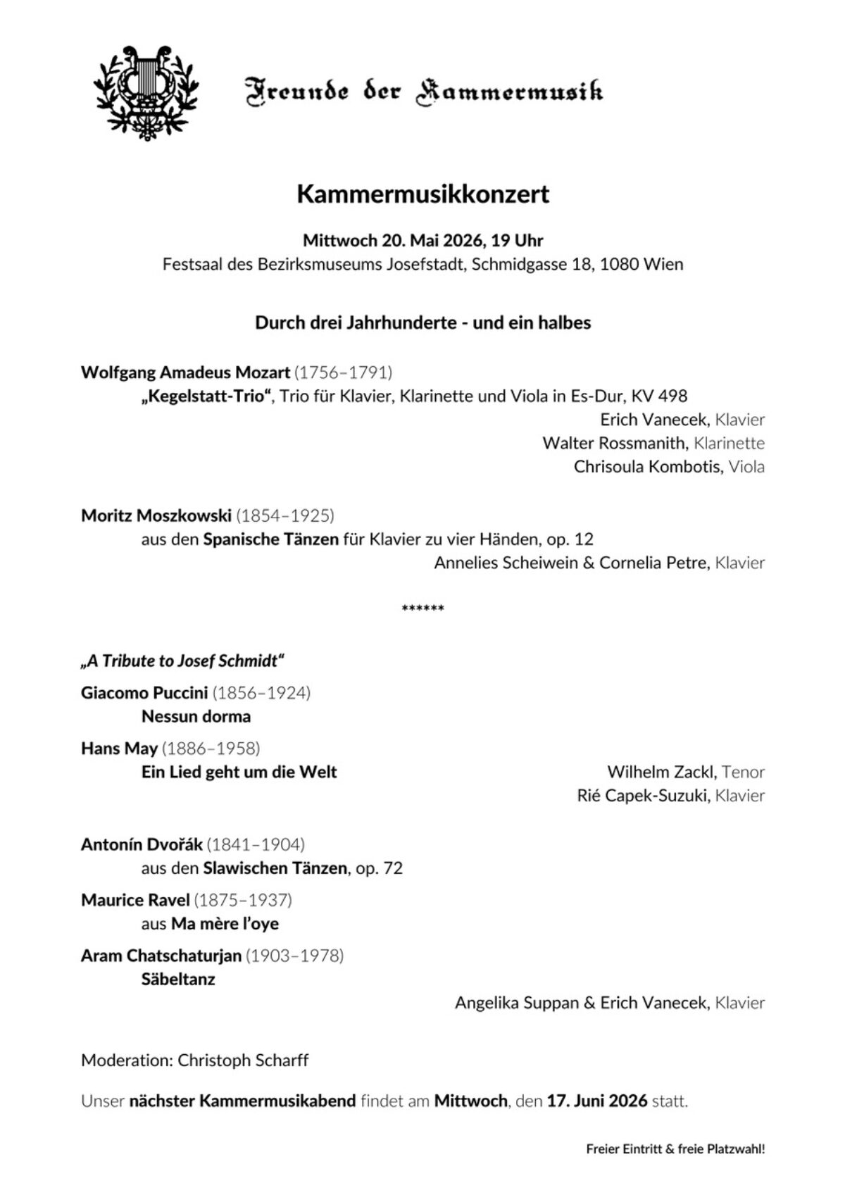 Veranstaltung: Freunde der Kammermusik, Bezirksmuseum Josefstadt, 2026