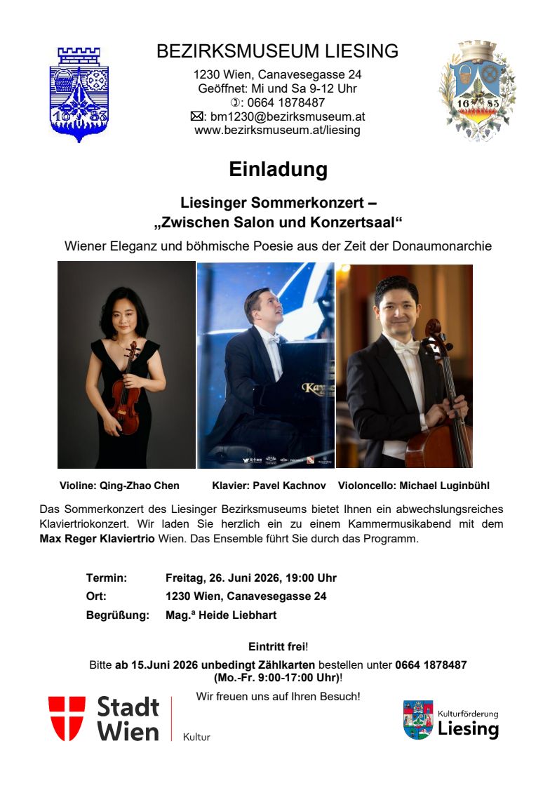 Veranstaltung: Liesinger Sommerkonzert – „Zwischen Salon und Konzertsaal“, Bezirksmuseum Liesing, 2026