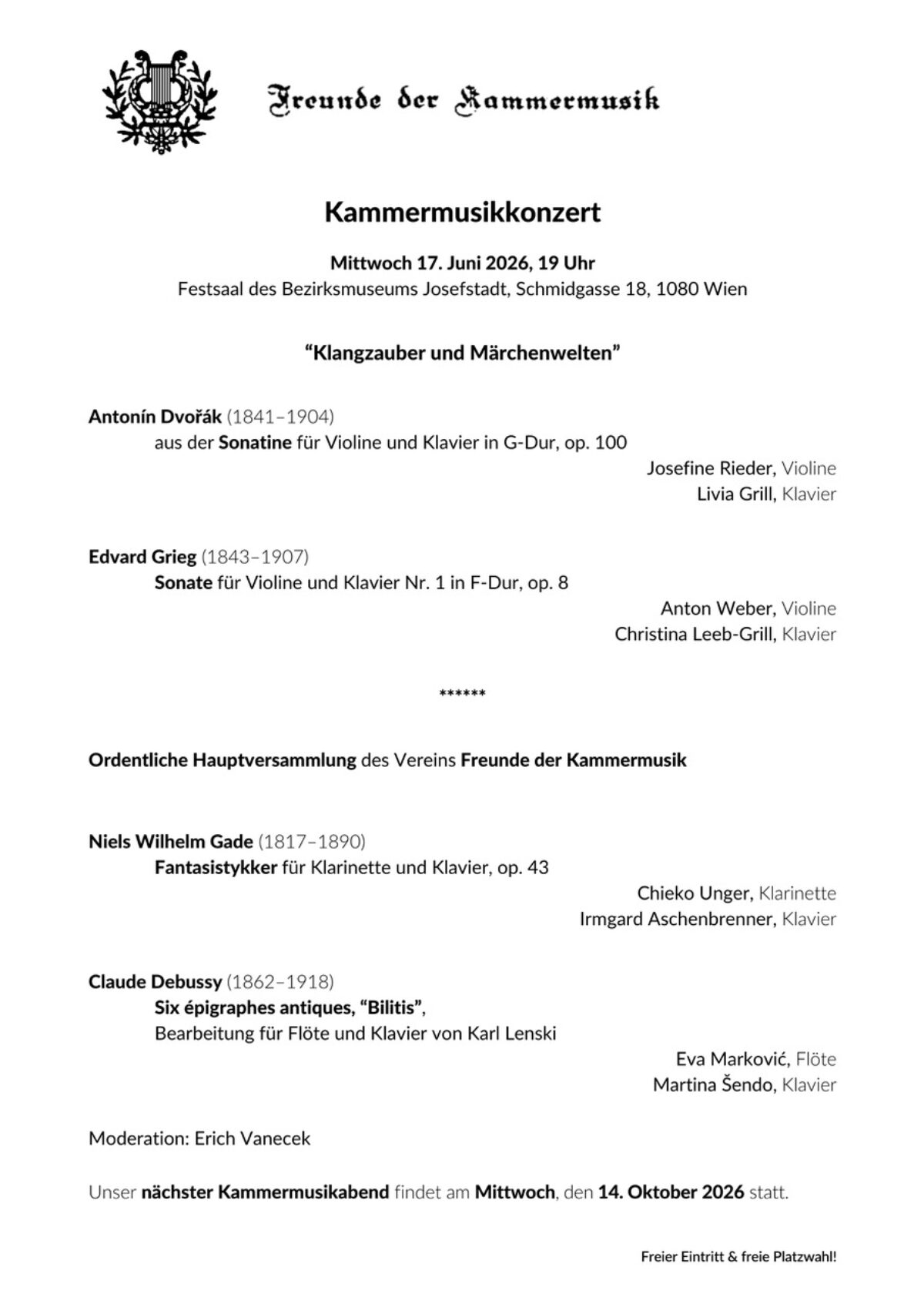 Veranstaltung: Konzert Freunde der Kammermusik, Juni 2026, Bezirksmuseum Josefstadt