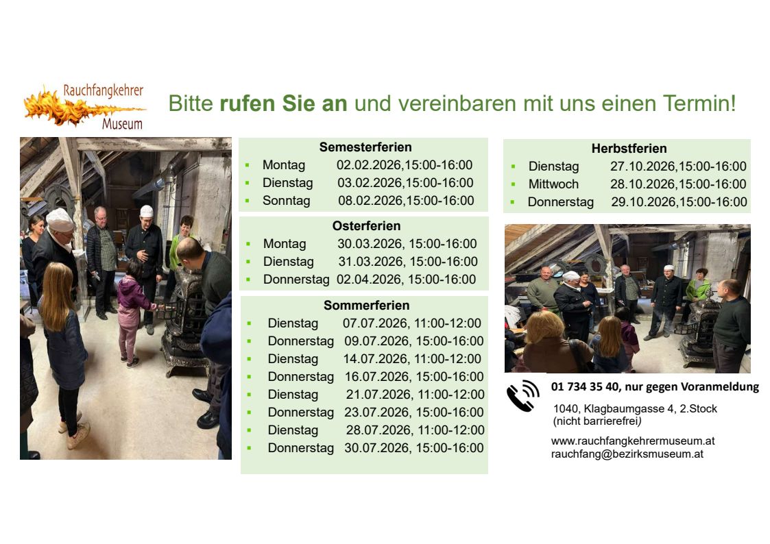 Veranstaltung Kidnerwerkstatt inkl. Sommertermine, Rauchfangkehrermuseum, 2026