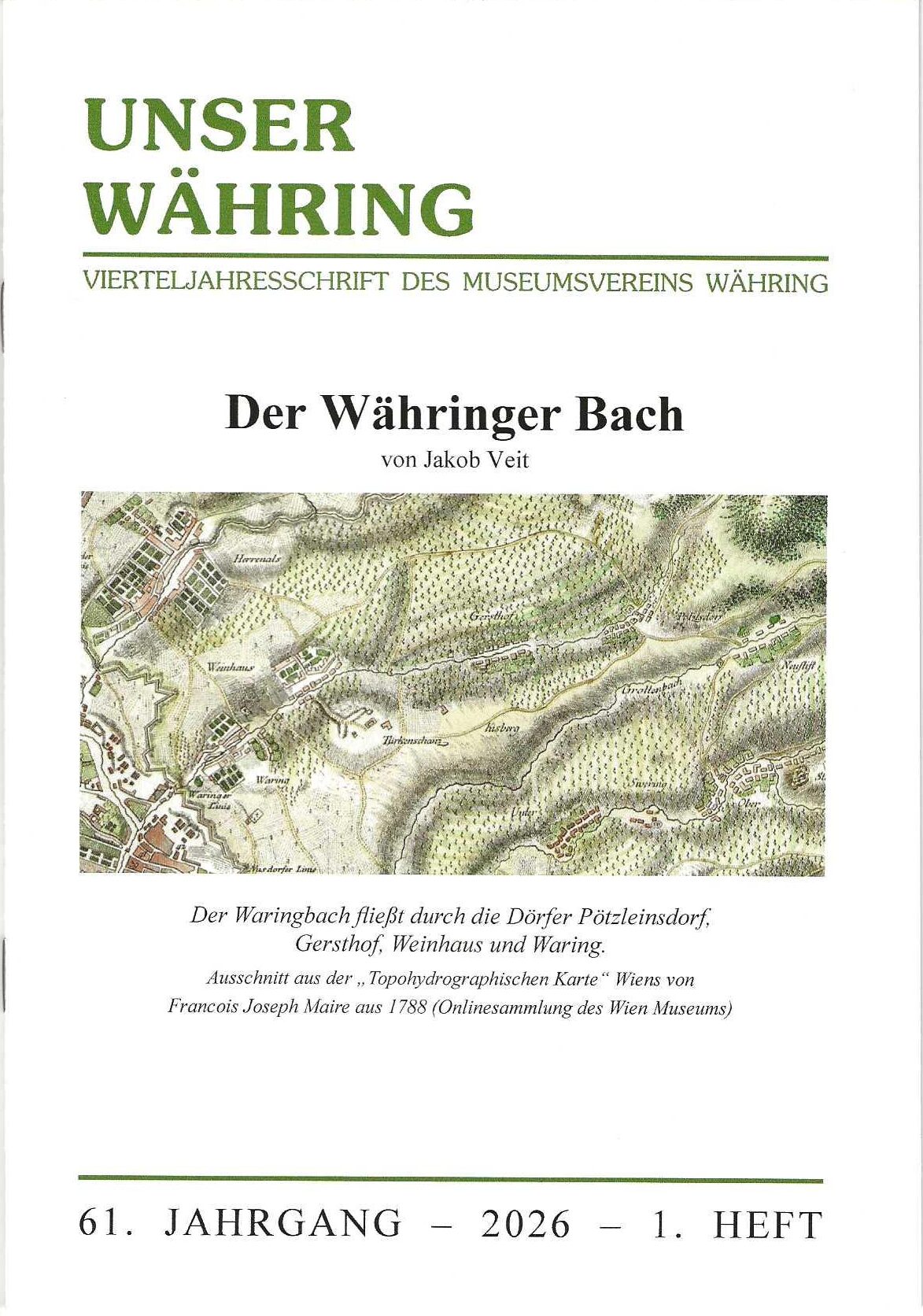 Publikation: Unser Währing, Jakob Veit, Der Währinger Bach, Bezirksmuseum Währing, 61. Jg., 2026, Heft 1