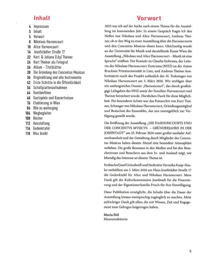 Publikation: Die Harnoncourts und der Concentus Musicus, Bezirksmuseum Josefstadt, Inhaltsverzeichnis und Vorwort, 2026