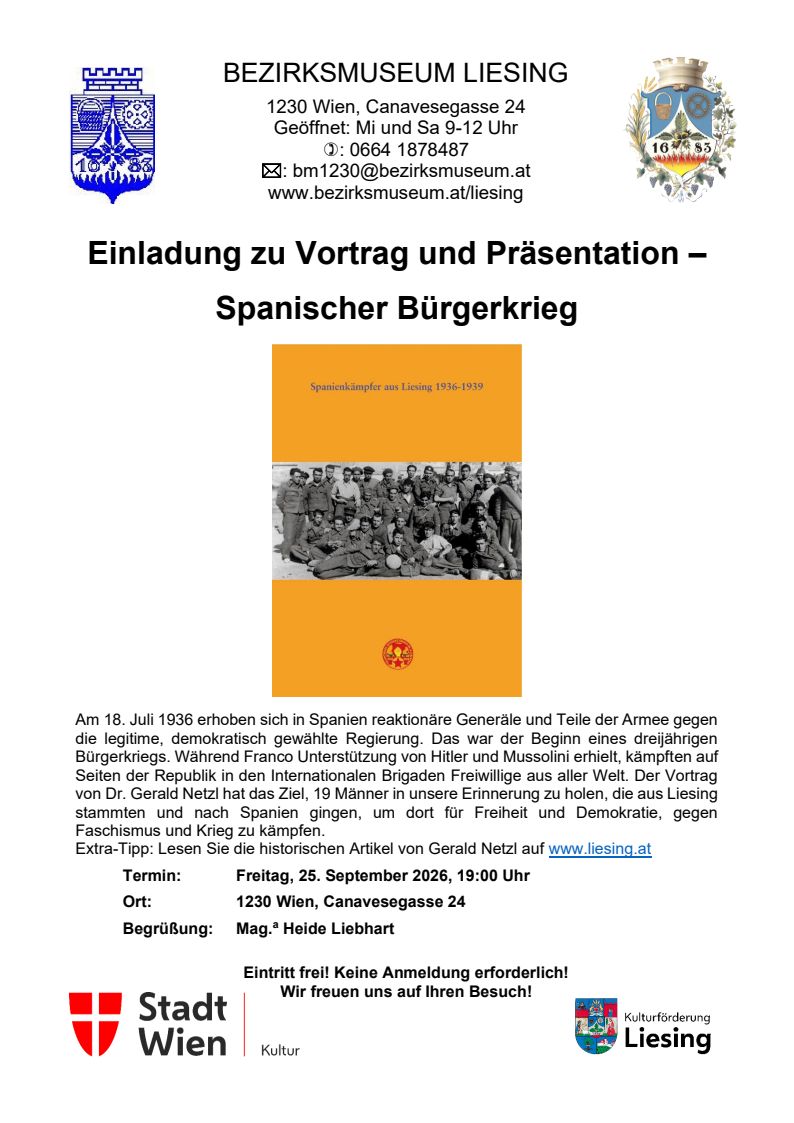 Veranstaltung: Vortrag Spanischer Bürgerkrieg, Bezirksmuseum Liesing 2026