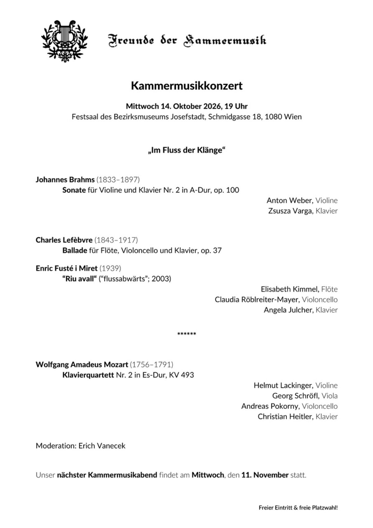 Veranstaltung: Freunde der Kammermusik, Bezirksmuseum Josefstadt, 2026