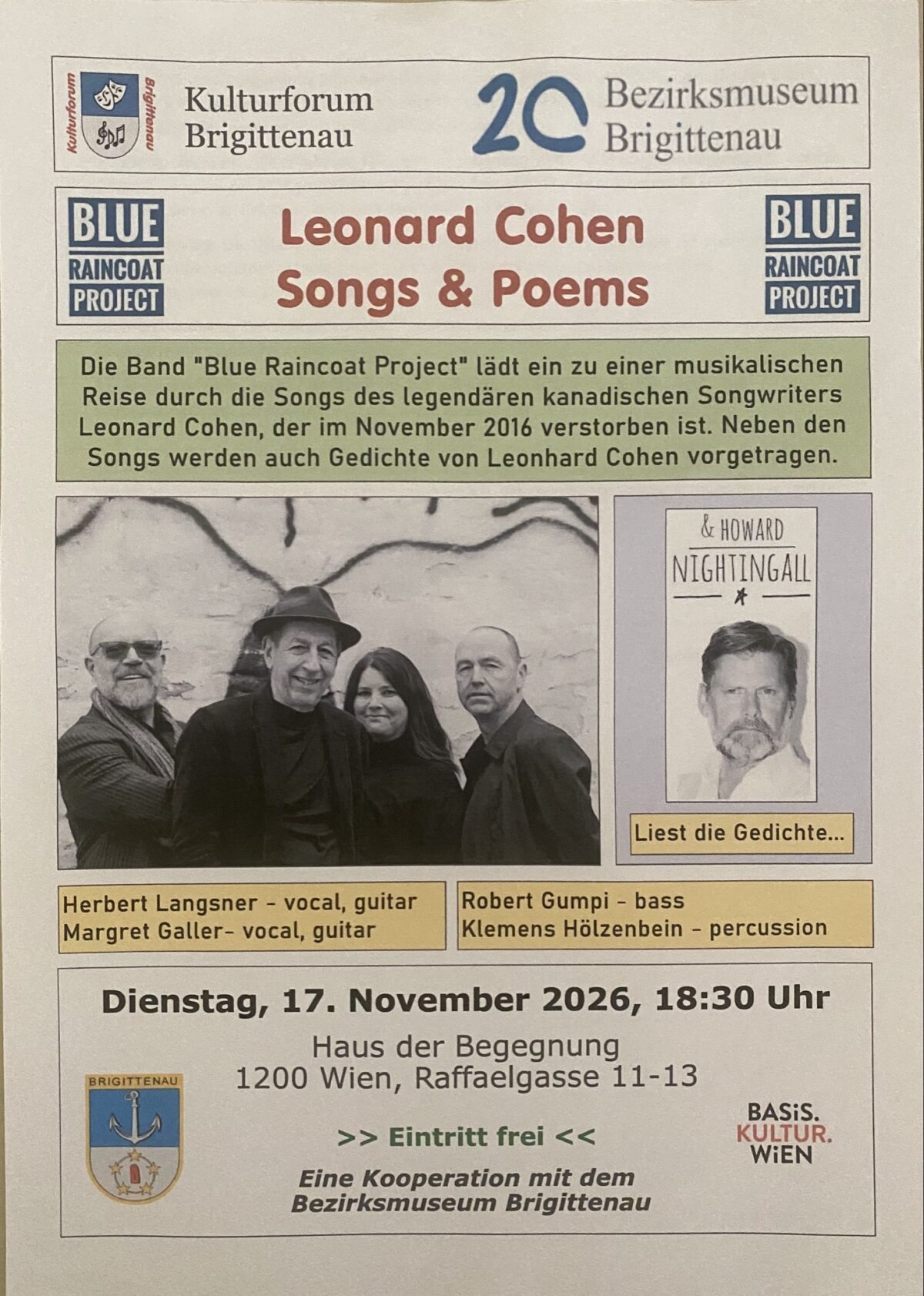 Veranstaltung: Leonard Cohen, Plakat, Bezirksmuseum Brigittenau, 2026