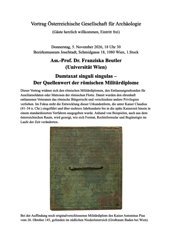 Veranstaltung: Österreichische Gesellschaft für Archäologie, ÖGA 5. November Prof. Beutler, Bezirksmuseum Josefstadt, 2026