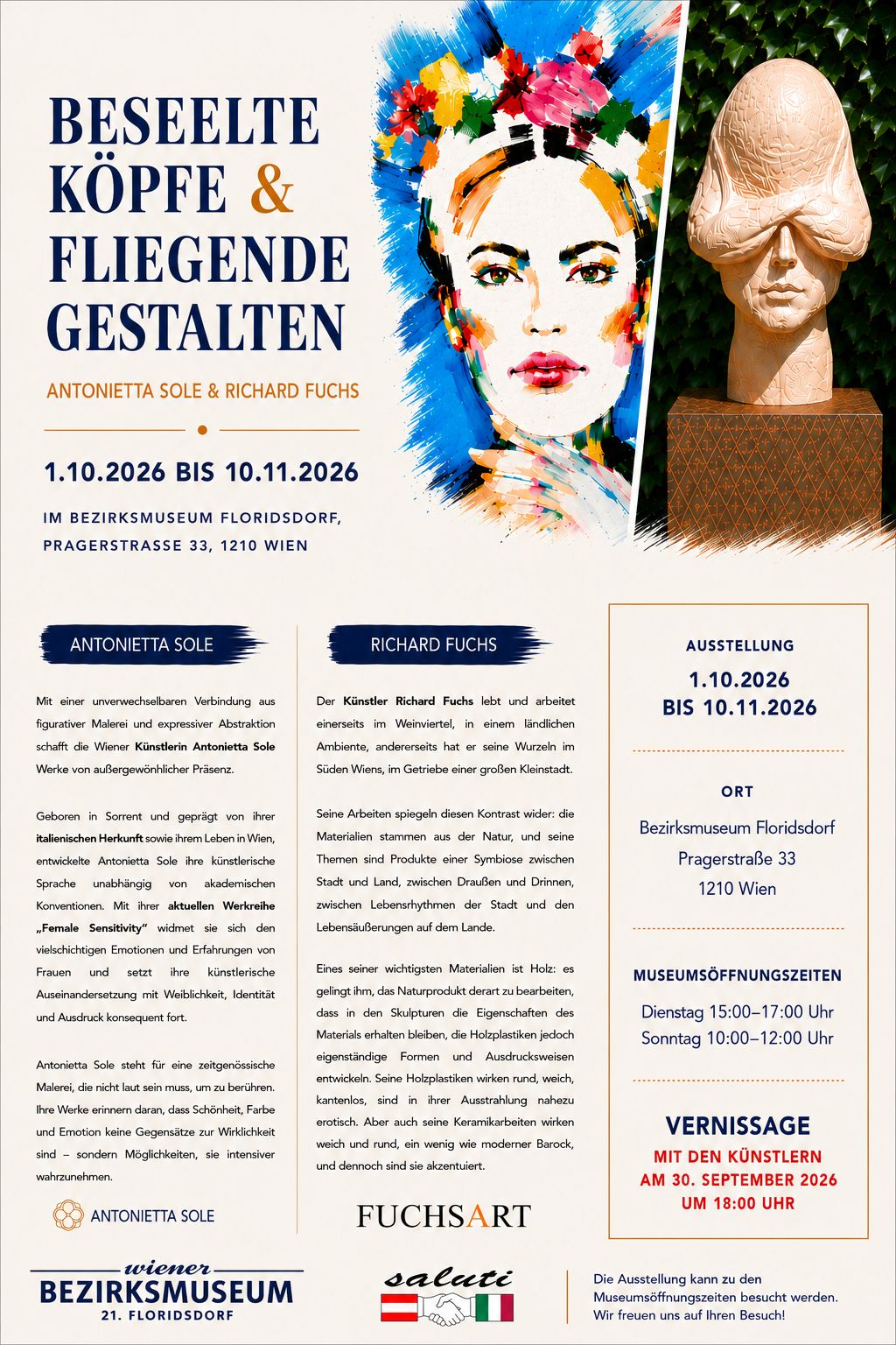 Ausstellung: Beseelte Köpfe & fliegende Gestalten, Plakat mit Info, Bezirksmuseum Floridsdorf, 2026