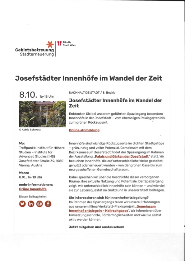 Veranstaltung: Josefstädter Innenhöfe im Wandel der Zeit, Bezirksmuseum Josefstadt, 2026