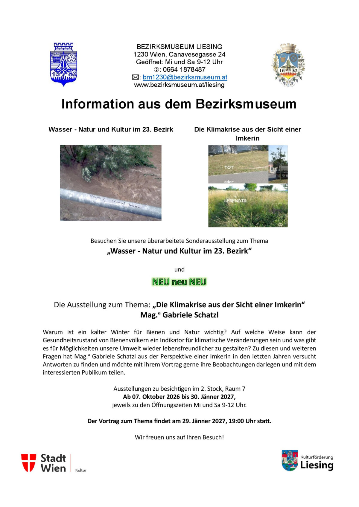 Ausstellung: „Wasser“ und „Die Klimakrise aus der Sicht einer Imkerin“ Bezirksmuseum Liesing, 2026