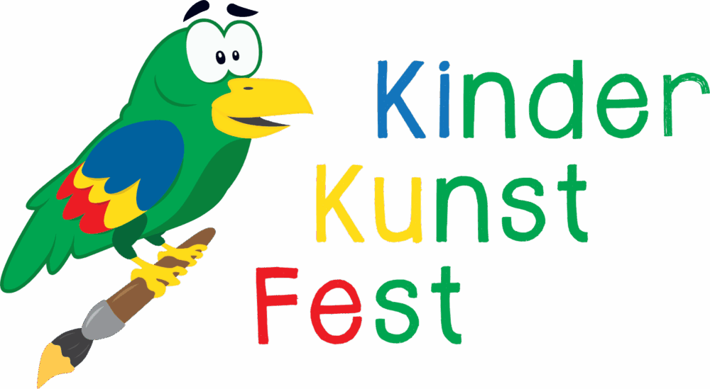 Logo des Wiener KinderKunstFests mit grünem Papagei und Pinsel